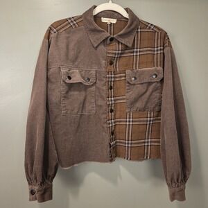 Gilded Intent Women's Corduroy Plaid Shacket 90s Style, Size S, Brown Black